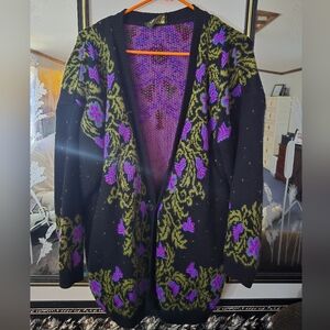 Floral Knit Cardigan - Black and Purple